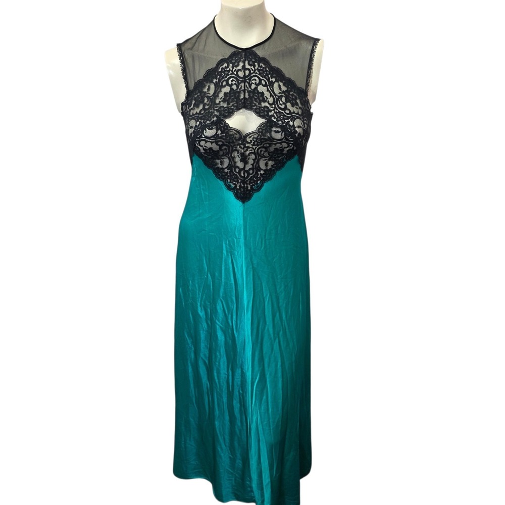 Kayser Lace Maxi Nightgown Teal Black Sheer Mesh‎ Keyhole Sleeveless Lingerie M